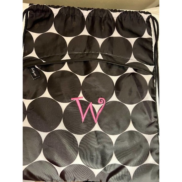 Thirty-One Cinch Sac Zipper Black‎ Dots with Pink 'W' 18 1/2" Long x 14" Wide - Picture 2 of 6